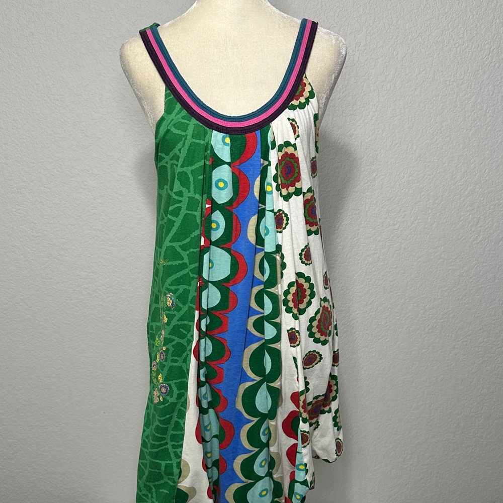 Desigual Green Multi-Print Sleeveless Mini Dress with Pink Trim Small